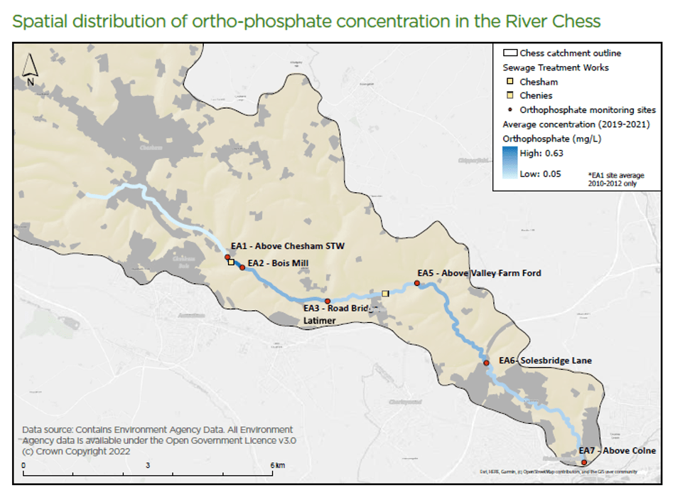 Map showing phosphate data along the River Chess as collected by the Environment Agency