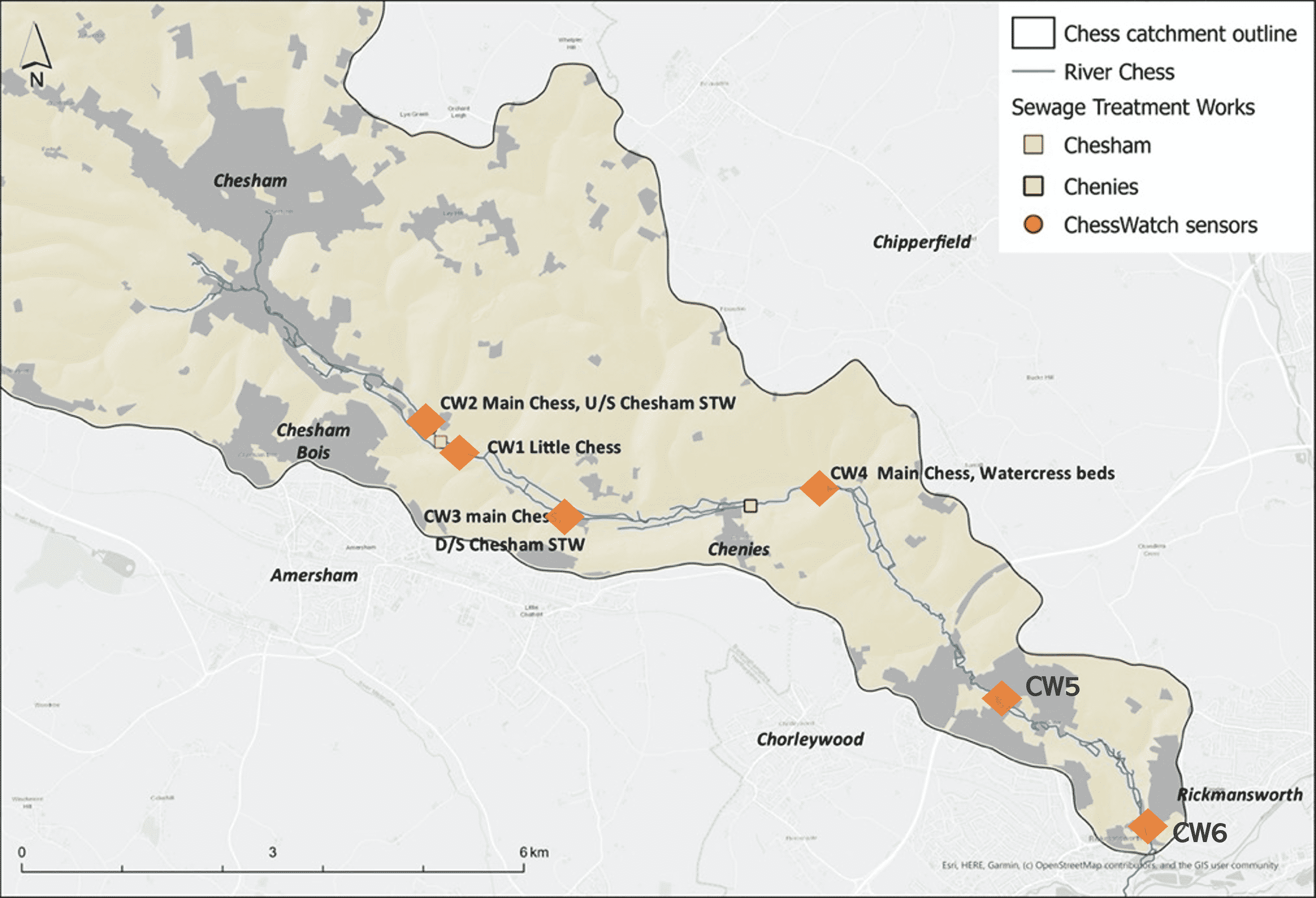 Map of the River Chess showing locations of water quality sondes