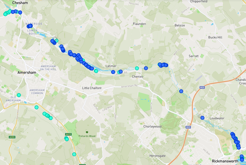 Map of survey sites along the River Chess